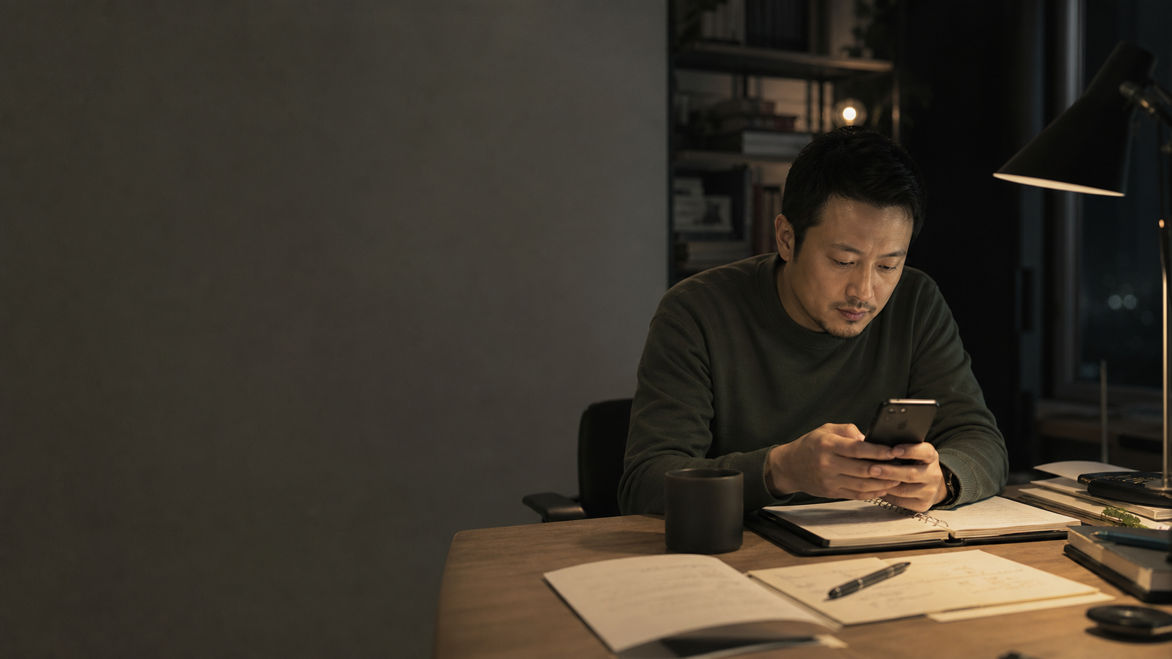 夜晚书桌前整理内容的示意图